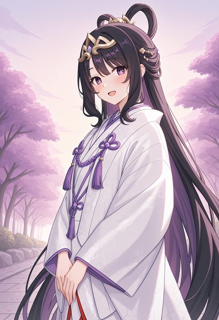 highres, best quality, masterpiece, outdoors,
1girl, solo, rlpviol, black hair, hair rings, very long hair, purple eyes, sparkling eyes,
headpiece, uchikake, white kimono, purple tassel, jewelry, no hood,
looking at viewer, blush, smile, open mouth,
standing, from side,
<lora:_violet_pcr-elesico-ilxlA:1>
