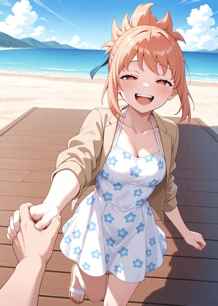 1girl, <lora:ktatara_sn90:0.9>, ktara, hair ribbon, blue ribbon, sandals, haltertop dress, white floral dress, light brown jacket, blue sky, clouds, beach, boardwalk, laugh, happy, pov, holding hands, looking at viewer, squinting,
straight shot, cowboy shot,
high resolution, ultra-detailed, absurdres, masterpiece, best quality, good quality, newest