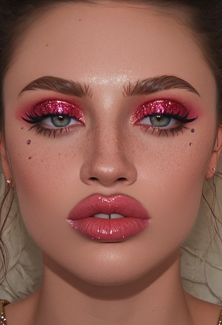 score_9, score_8_up, score_7_up, portrait, 1girl, face focused, art face, Kandinsky, teefs44, bignoselady, large nose, aquiline, ladyburns, sideburns, very big lips, makeup, (glitter face), very milky skin, parted lips, teeth, open eyes, big eyes, dark hair, iridescent eyeshadow, glitter, mole, very moist mouth, face covered in sparkles 