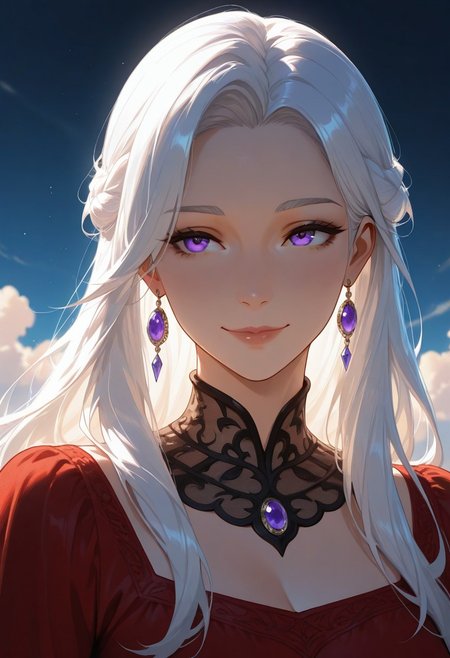 1girl, mature woman, older woman, mature, Aerea Targaryen, A song of Ice and Fire, DnD, Long Lustrious Hair, white Hair, Long white Hair, purple eyes, innocent eyes, young woman (between ages of 35-45), lovely smile, dark background, wearing a red dress, 1girl, childish features, sole girl, dynamic lighting, dynamic angle, cloud, volumetric lighting, blue sky, portrait, upper body,
