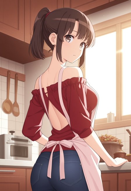 1girl,Megumi <lora:IL-KatoMegumi:0.8>,brown hair,katou megumi,brown eyes,medium breasts, short hair, ponytail ,(( good fingers))

,original, masterpiece, aesthetic,

standing, kitchen setting, cozy kitchen, looking back, wearing apron, off-shoulder blouse, slim-fit jeans with slight back cutout, warm sunlight streaming through the window, rustic shelves filled with spices and herbs, soft and detailed anime style, relaxed and inviting atmospher,looking at viewer,

