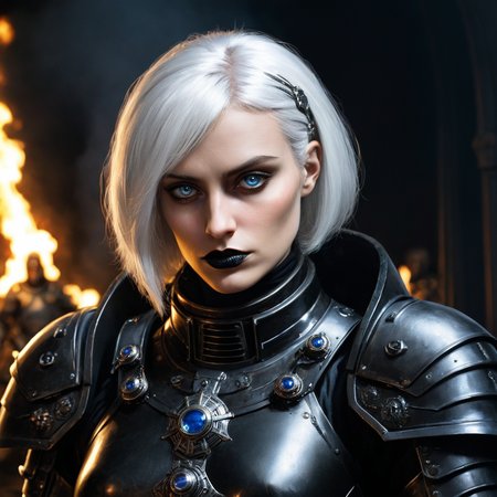 (masterpiece, best quality, highly detailed, realistic),cinematic lighting, source_western, illustration 2.5d, fantasy illustration, warhammer 40k, in the grim darkness of the far future, portrait of preraph as an adepta sororitas, medium bob white hair with bangs, blue eyes, grim expression, dreaming of burning some heretics after she purges the unclean, black lipstick, (((black power armor ))), there is only war in the background, facing the viewer, close up
<lora:Pre-Raphaelite_Model_SDXL:.6> preraph