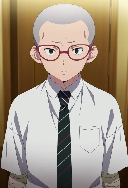 masterpiece, best quality, , , looking at viewer, 1boy, solo, male focus, <lora:konekomaru_miwa_ilxl:0.98>, konekomaru_miwa, grey hair, black eyes, bald, glasses, red-framed eyewear, white shirt, collared shirt, black necktie, striped necktie, , mummy costume