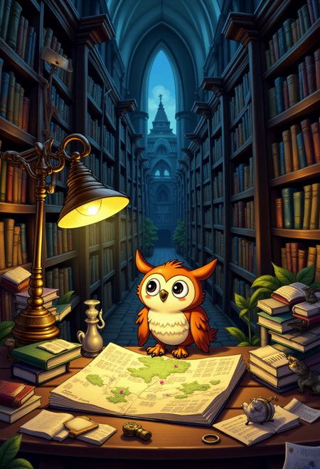 <lora:KFT_Curse_of_Dragons_Crown_Style_FLUX:1>
The image is a vibrant, digitally created kftfantasy illustration featuring   An owl studying a map under a lamp in a library filled with towering bookshelves.