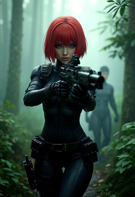 photorealistic image of Regina from Dino Crisis, short bright red bob cut hair, blue eyes, wearing a tactical black bodysuit with armor-like plating, cautiously advancing through a dense jungle, gun drawn, eyes scanning the surroundings for threats, early morning setting with fog hanging low among the trees, ultra-high-definition textures, cinematic composition, lush greenery, foggy atmosphere, intricate details in her tactical gear with utility belt and holsters, sharp contrast between light and shadow, athletic and fit physique, highly detailed and accurate portrayal, photorealistic rendering, tense and alert atmosphere




cinematic scene, cinematic lighting, intricate detail skin and facial texture, lifelike expression, accurate character design, dynamic pose, interesting and complex background details, 



 














