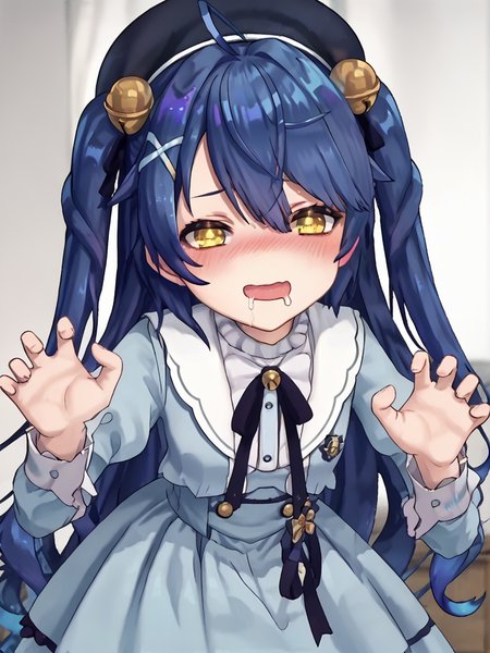 score_7_up, score_6_up, score_5_up, source_anime,
<lora:amamya.pony.v2:1>, amamya, blue hair, long hair, two side up, hair bell, aaa, blue dress, black beret, yellow eyes,
<lora:Pervert_face_and_pose-pony:0.8>, claw pose, mouth drool, blush,
+ +, glowing eyes, looking at viewer, leaning forward, indoors,