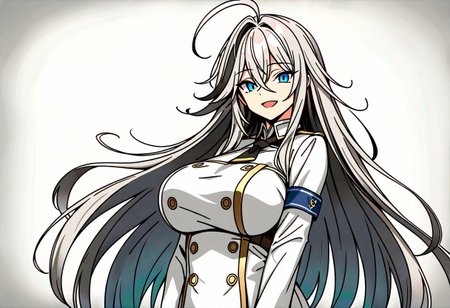 1girl, cowboy shot, breasts, double-breasted, grey hair, hair between eyes, large breasts, long hair, looking at viewer, open mouth, simple background, smile, solo, standing, upper body, very long hair, white background, white hair, best quality, very aesthetic, highres, absurdres, blue eyes, streaked hair, ahoge