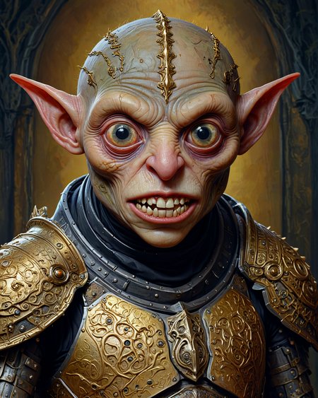 big eyes, big teeth, Exquisite, surrealist portraiture, putrid goblintoken: steadfast sentinel; twisted, decaying features blended into an enchanted armored suit. Intricate pattern details on its weaponry, the environment reflects its menacing presence, a dark fantasy landscape. Oil paints mixed media using golden acrylic paint, gold leaf