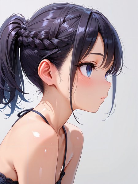 masterpiece,amazing quality,best quality,ultra-detailed,8K,illustration,CG,shiny hair,clear skin,ultra-detailed-eyes,simple background,cute girl, eyelashes <lora:braid ponytail_illustrious_V1.0:0.7> ponytail,braid