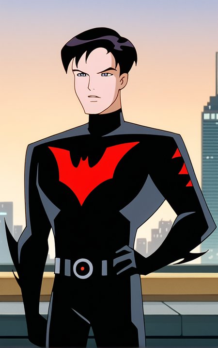 score_9, score_8_up, score_7_up, BREAK
NoMaskedBatsuit_TerryMcGinnis_ownwaifu, 
1boy, black hair, grey eyes, short hair, bangs, 
bat print, black bodysuit, superhero, turtleneck, grey belt, black gloves,
(contrapposto, hand on hip), sunset, sidelighting, cityscape, vanishing point, outdoors,  depth of field, solo,  
<lora:PONYXL_DC_BatManBeyond_TerryMcGinnis_ownwaifu_r1:0.9> , depth of field, 
,
