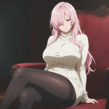 masterpiece, best quality, newest, absurdres, highres, anime coloring, 1girl, pink hair, long hair, hair over one eye, purple eyes, large breasts, thick thighs, sweater dress, black pantyhose, thighhigh, sitting, crossed legs, seductive smile, looking at viewer, cowboy shot, <lora:VioletEvergardenStyle-000007:1>
