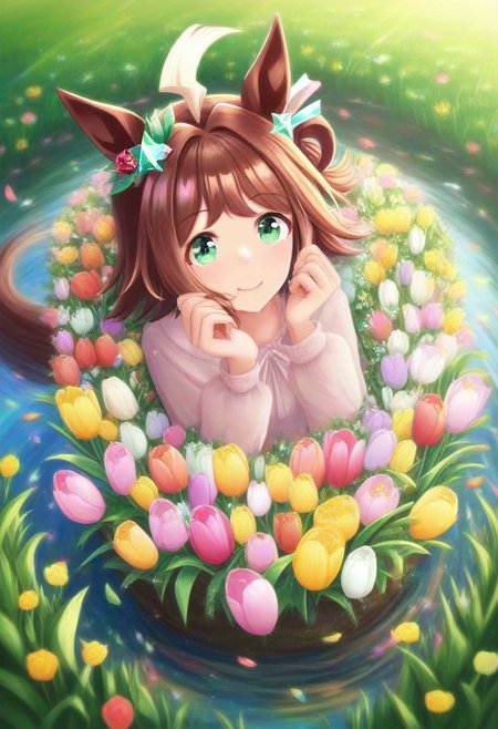 (umamusume, rhein_kraft_(umamusume), horse_ears, horse_girl, tail, 1girl, ahoge, animal_ears,)
casual, Tulip,Tulip flower, Tulip flower_field, 
head_wreath, looking_at_viewer,  solo, aesthetic, absurdres, symmetric , , g0ldsw0rthy,
(realistic, photo,  artistic, medium_hair, one_eye_closed, petals, relaxing, smile, spiralling vortex made of multicoloured tulips, lush foliage sunrise,  ripples, reflective, jaynl-tm, rainbow,green_eyes, hair_between_eyes, hair_ornament,  : 0.7)