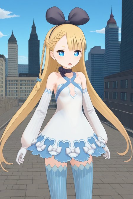 1girl, solo, aliciasolidnnd, blonde hair, very long hair, braid, hair bow, hairband, blue eyes, symbol-shaped pupils, choker, criss-cross halter, dress, detached sleeves, gloves, vertical-striped thighhighs, outdoors, cityscape, open mouth, cowboy shot, looking at viewer