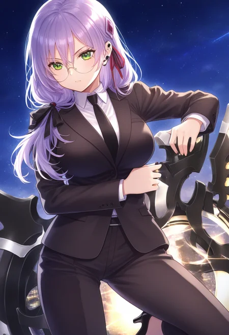 best quality, 
 source_anime, highres, total body (best quality), finely detail, night sky 1girl, izmyk, long hair, purple hair, (hair down:1.2), bangs, hair between eyes, green eyes, large breasts, hair over shoulder, low ponytail, hair ribbon, hair ornament black suit, black jacket, white shirt, collared shirt, black necktie, round eyewear, earpiece, holding seraph, black pants, black high heels<lora:izumiyuki_IL_XL_V1:1>