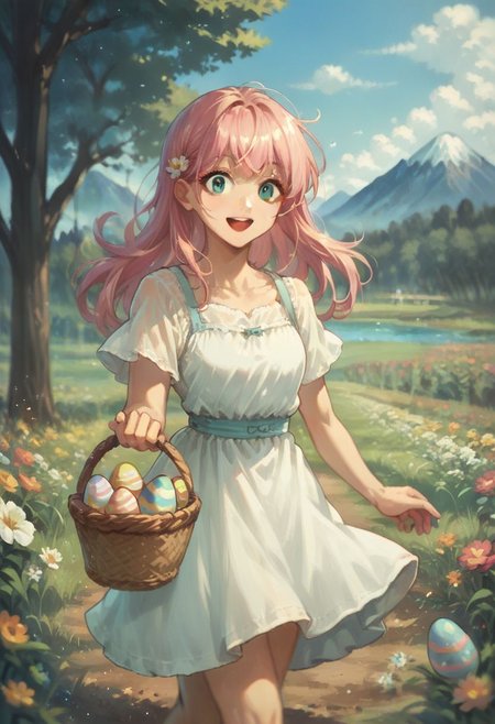 score_9, score_8_up, score_7_up, source_anime, cowboy shot, looking at viewer, smile, open mouth, surprised, 1girl, long hair, pastel pink hair, aqua eyes, bangs, sundress, holding basket, running, outdoors, easter egg, field, flower, tree, lake, mountain