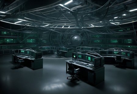 sci-fi surveillance center, computers gathering intelligence, dark room, multiple big screens on the wall, multiple projected screens, planet blueprint on screens, dark green color only while the rest are grey, hacking theme, computers around, , sci-fi server racks, server racks around, giant sci-fi computer in the middle, data storages, low camera angle