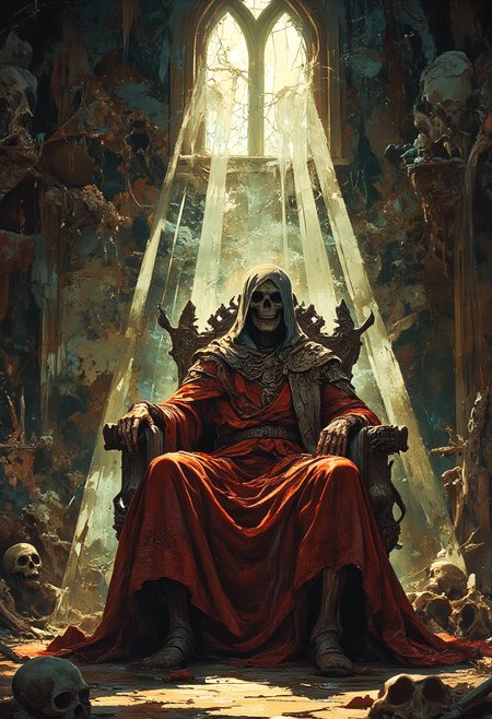 A dead skeletal king sits on this throne in a desolate deserted throne room, skeletal remains of guards lay on the floor, cobwebs covered the walls of the room, a sun ray from high window illuminates his red tunic