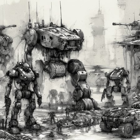 drawix8 a group of military robots on the battlefield, very detailed, expressive drawing, in the background a post-apocalyptic city, destroyed cars, fighting <lora:drawix8:1>