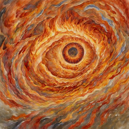 illustration, water colour, theme of fire, impressionism, a spiral tunnel of flame leading to a burning eye, <lora:SDXL\add-detail-xl:1.0>, <lora:SDXL\xl_more_art-full_v1:1.0>, intricate detail,