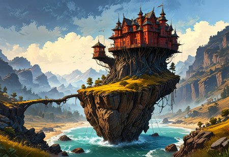((Floating Islands in the Sky):1.5), High in the sky, A bridge still stands, clinging to the side of the cliff with large metal legs which hold it in place, simon stalenhag, stormy weather, complementary colors, ((Highest quality:1.0),(High resolution:1.0), (masterpiece:1.0), (ground level view:0.6, viewer looking up:0.6), beautiful and aesthetic:1.3), extreme detailed, colorful, highest detailed,((ultra-detailed)),(highly detailed CG illustration),,