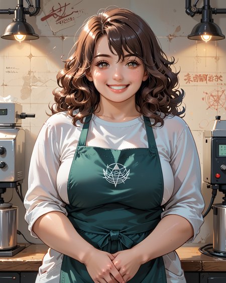 PonyScores7, source_anime, ah1, <lora:natsumi_style:0.5>, <lora:by_usakun-pony:0.4> by usakun, <lora:Akina_Bbw_Style_-_PonyXL:0.2> AkinBw
BREAK 1girl, (curly hair), long hair,  (fringe), (bangs), (hair between eyes), (brown hair:1.3), mature female, (curvy), round-chin, (hazel eyes), caucasian, (plump face), <lora:Round_face:0.1>, <lora:ETO_OCPonyXL:0.5> eto_oc, skindentation, (plump), thick thighs, wide hips, busty, voluptuous, kinky curls, lips, <lora:venus body PonyXL:0.4>,  (An expression of frustration with tightly clenched teeth and a tense jawline, smile), (Summoning a Celestial Comet), (Spirit Dwelling Mountains), looking at viewer, (cordovan space station barista, wearing an apron with a high-tech coffee machine)
BREAK <lora:xl_more_art-full_v1:0.2>, <lora:shinyskin2:0.2> glistening skin, <lora:aesthetic_anime_v1s:0.2>, <lora:Expressive_H:0.2> Expressiveh, <lora:hairdetailpxl:0.2> hairdetailpxl, <lora:EpicF4nta5yXL:0.2>, <lora:detailxl:0.2> detailxl, <lora:Fant5yP0ny:0.2>, best quality, amazing quality, best aesthetic, absurdres, <lora:expressive eyes:0.2> expressive eyes, <lora:eyedetailpxl:0.2> eyedetailpxl, illustration, Volumetric_Lighting, ultra-detailed, very aesthetic, intricate details, 8k, masterpiece, best_quality 
BREAK (multiple views) 
BREAK <lora:Eyes_High_Definition:0.3> EyesHD, Stable_Yogis_PDXL_Positives, AS-Adult, <lora:Complicated fantasy portrait - XL Pony V2.0:0.4>, bad-hands-5