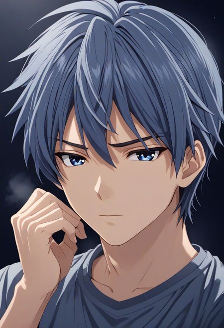 high resolution, solo, best quality, 1Boy, Tomoya Okazaki, Grey Blue Hair, cool, Mysterious black background, Movie lighting, a sense of atmosphere, OverallDetail