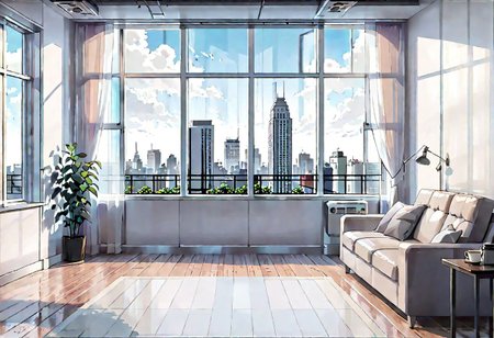 ((((front view)))), Shallow scene, ((animation style)), (((City high-rise building scenery))), ((((City scenery outside the window)))), (Facing the window), (open window), modern-style interior, Wooden floor, with white walls, (large windows), a living room, sofa and coffee table by the window sill, (Behind the sofa is the window sill), noon, clear sky, low saturation