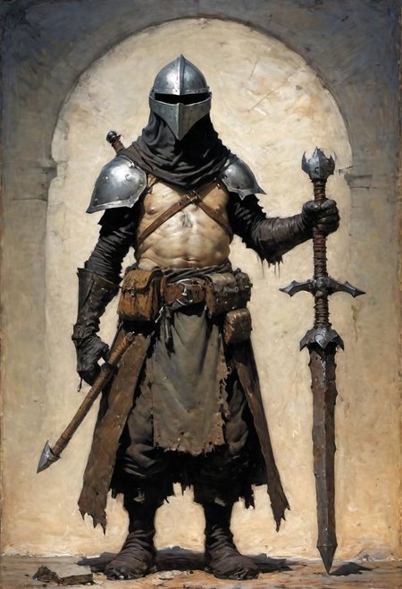 videogame art of (ragged, human barbarian, brigand, holding a giant metal mace,  wearing leather tunic, metal plates and cloth shaped helmet, sewn together), praetorian, warhammer, gothic, legion,  by Jean-Baptiste Monge and Nicola Samori,