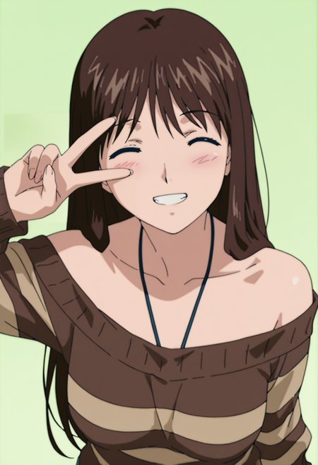 masterpiece, best quality, amazing quality, anime coloring, anime screencap, solo, 1girl,    <lora:DX888KonohaIL:1> edajima konoha, long hair,  brown hair, ^ ^,brown sweater, off-shoulder sweater, striped sweater,, grin BREAK  simple background,  green  background pastel background, BREAK   from above,  v over eye,