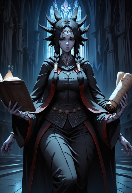 masterpiece, best quality, newest, hdr, dark, night, indoors, church, altar, closed mouth, 1girl, solo, looking at viewer, floating, expressionless, cowboy shot, 
fi0d1, circlet, necklace, black robe, red trim, wide sleeves, long sleeves, black cloak, bracelet, long hair, black hair, twin braids, spiked hair, hair tubes, black eyes, tattoo, facial tattoo, colored skin, grey skin, extra arms, holding book, holding scroll, open book
<lora:Fool's Idol:1>