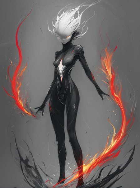 <lora:artfullyMENTALITY_SDXL_V1-000001:1> , masterpiece, illustration, sketch, fire elemental, black and white bodysuit,  red energy around  her
