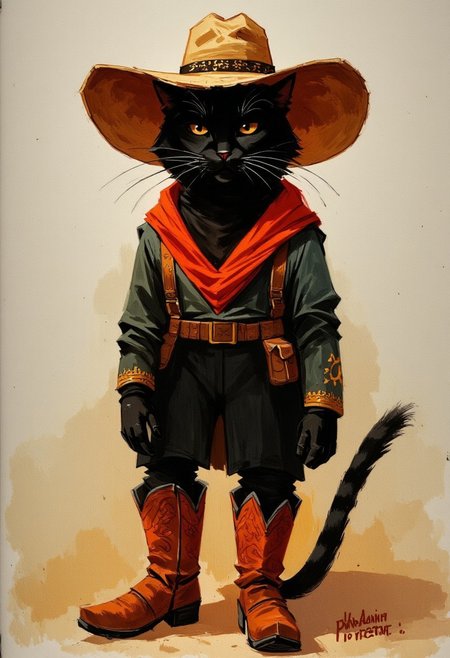 Oil painting by Frank Frazetta. An antrophomorphic black cat wearing a cowboyhat and cowboy boots. text "Yall click LIKE now ya hear"