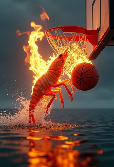Create a semi-realistic scene of a shrimp on fire, mid-air, dunking a flaming basketball into a basketball hoop. The entire action takes place in the middle of the ocean, with the shrimp and basketball both engulfed in flames. The water around the shrimp reflects the fire, creating a dramatic contrast between the ocean and the fiery action. Ensure the shrimp looks dynamic and the flames are intense, with the ocean environment providing a surreal backdrop. Render in high detail and quality, capturing the motion and energy of the scene.