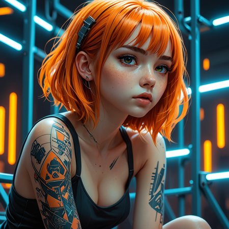 manga style, hyper-detailed portrait of a full-body girl sitting on a steel ladder, profile, cyberpunk, (Mindful Machine Art style, Ilya Kuvshinov, Anna Dittmann), geometric tattoos, perfect orange eyes, direct gaze, bright colors, very contrast high, side lighting, straight orange hair, medium long hair, straight bangs, hair that covers half of the face, blue tones, background with neon structures, hyper-realistic, 3D rendering, 4K