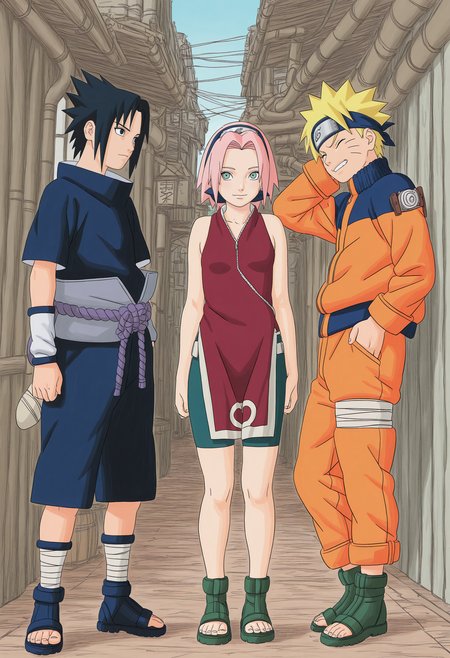 amazing quality,very aesthetic,absurdres,best quality,newest,masterpiece,4k resolution, absurdres, highres, 
kishimoto masashi,watercolor (medium), <lora:Naruto_style_kulty1-000004:0.8>trio, 1girl, 2boys, uzumaki naruto, uchiha sasuke, haruno sakura,