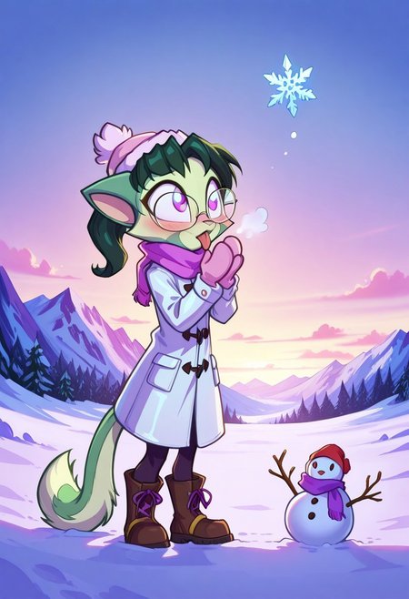 Dreamkeepers,1girl,prelude_lilith,solo,furry,tail,green hair, source_furry,glasses,magenta eyes,
child, kid, 
in a fluffy white coat stretches her mittened hands toward the sky, tongue sticking out to catch a falling snowflake. Her boots sink into fresh snow, and her cheeks glow pink from the cold. A stray snowflake lands on her eyelash, making her cross-eyed for a moment. Behind her, a lopsided snowman wears her scarf as a hat, snow, winter_coat, mittens, snowflake, blush, tongue_out, snowman, scarf, cold_breath, flushed_cheeks, boots, dynamic_pose, crossed_eyes, snowy_background
