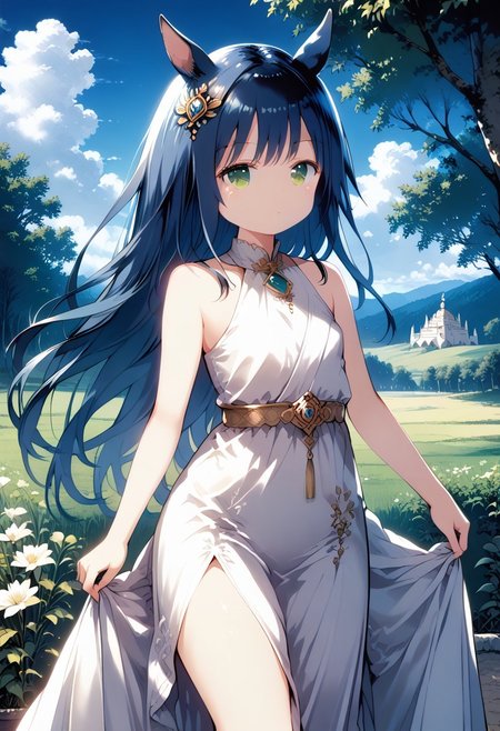 score_9, score_8_up, score_7_up, 1girl,FujisakaLP,high definition eyes, (masterpiece), (best quality), (ultra detailed),(disheveled hair),(illustration), (best shadow), detail1eye, wide thighs, wide hips, (detailedlight),((anextremelydelicateandbeautiful)),<lora:GodolphinArabian:0.7>,GodolphinArabian,long hair,blue hair,green eyes,horse ears,horse girl,hair_ornament,white dress, bare shoulders, ,sleeveless,evening dress,long dress,outdoors, light,blue sky, horizon, meadow, wild