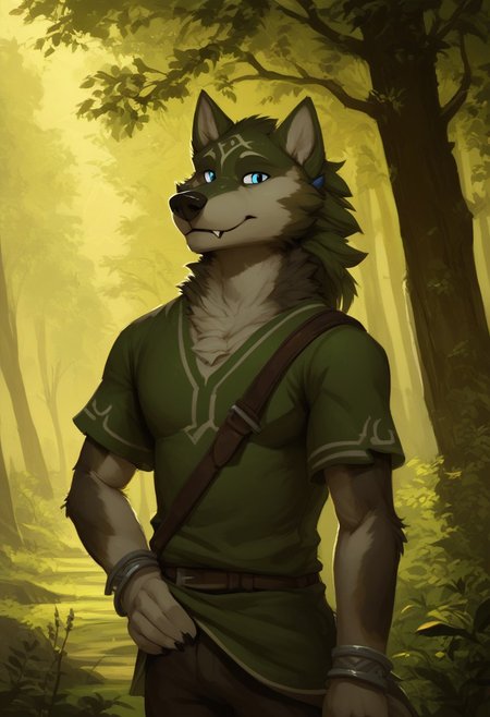 sfw,    score_9, score_8_up, score_8, score_7_up, score_7, , , solo, wolf, anthro, anthrofied, link \(wolf form\), 1male, solo, masterpiece, high quality,male, looking at viewer, outdoors, forest, fluffy fur, clothed,