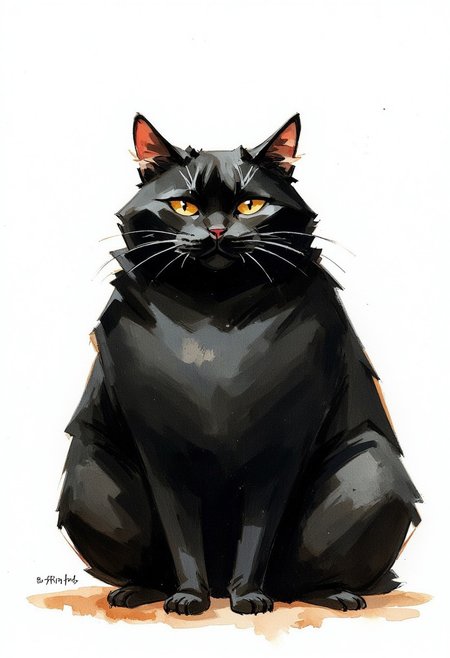 Watercolor painting of a huge fat black cat. Extremely large and fat. Fatter than a city