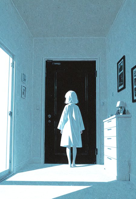 1girl, wide shot, from behind, open door, (flat lighting, flat color, flat design, no lineart:1.4), monochrome, film grain, spot color, local color adaptation, white theme, masterpiece, best quality, amazing quality, very aesthetic, absurdres, newest,