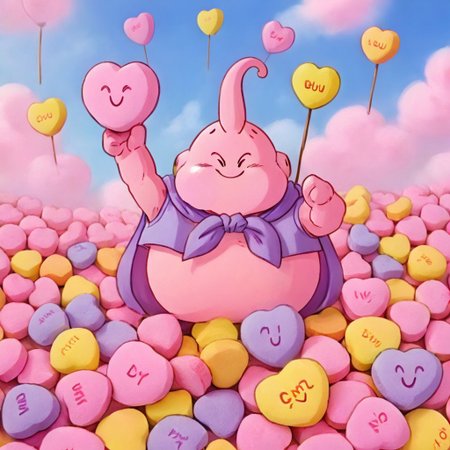 ethereal fantasy concept art of goodbuu zapping small candy people with his antenna, happy expression, small people made from candyhearts, cute mini people made from candyhearts, magnificent, celestial, ethereal, painterly, epic, majestic, magical, fantasy art, cover art, dreamy