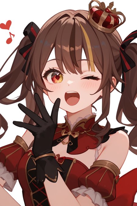 (score_9,score_8_up,score_7_up,),<lora:io1-000018:0.8>,bingtang quuen,brown hair,crown,black gloves,twintails,red dress,red eyes,heterochromia,streaked hair,yellow eyes,upper_body,heart,one eye closed,naughty_face,singing,