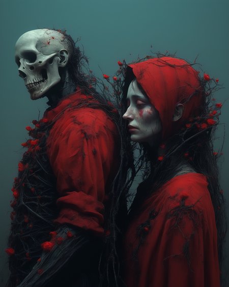 heartbroken liches, married liches getting a divorce, romance lost, heartache, sad, melancholy, Tim Burton, Nicola Samori, Beksinski,  dystopian surrealism, vivid intense colors, red, ultra focus, <lora:add-detail-xl:1> <lora:xl_more_art-full_v1:0.6>  <lora:XSfenlie:1> fenliexl