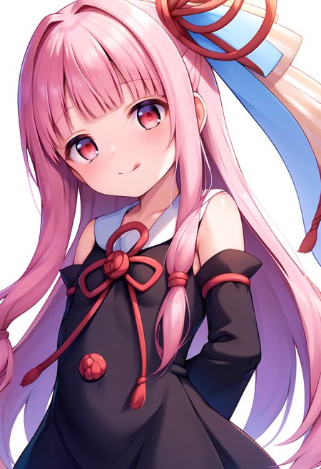 score_9, score_8_up, score_7_up, score_6_up, score_5_up, score_4_up, source_anime, 
BREAK,
 <lora:kotonoha_akane_ponyXL_v1:1> kotonoha akane, long hair, pink hair, ribbon, red eyes, blunt bangs, sidelocks, black dress, detached sleeves, looking at viewer, standing, white background, arms behind back, tongue out, :P,