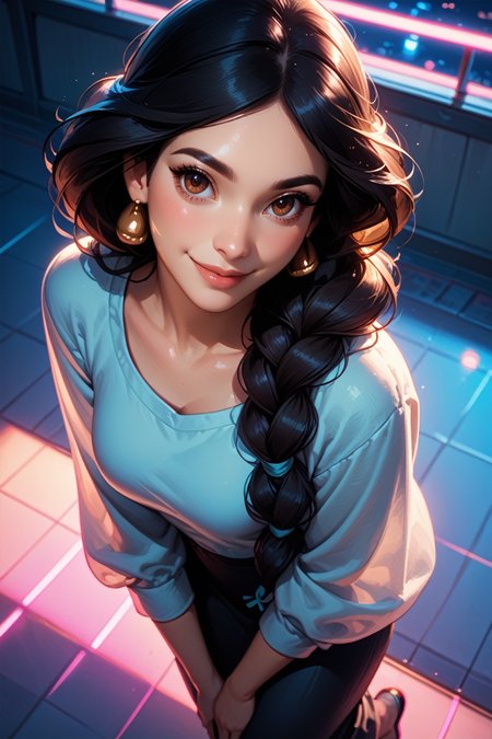 score_9, score_8_up, score_7_up,
<lora:DisyneyJasmine:0.8>
DisyneyJasmine, 1girl, black hair, brown eyes, braid, long hair, looking at viewer, dancing in a empty disco floor, smiling, (from above-view), with pink and blue neon lights, at night in Tokyo, cinematic light