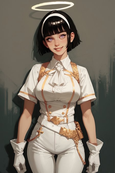 1girl, black hair, lavender eyes, gloves, halo, white gloves, cross, white ribbon, white shirt, shirt, solo, ribbon, angel, hair ribbon, pants, smile, short sleeves, short hair, breasts, collared shirt, blunt bangs, cowboy shot, white belt, white pants, hairband, side locks, gold trim, , azazel,, zPDXL3, detailxl,  Score_PnyReal, (lineless:1.5)