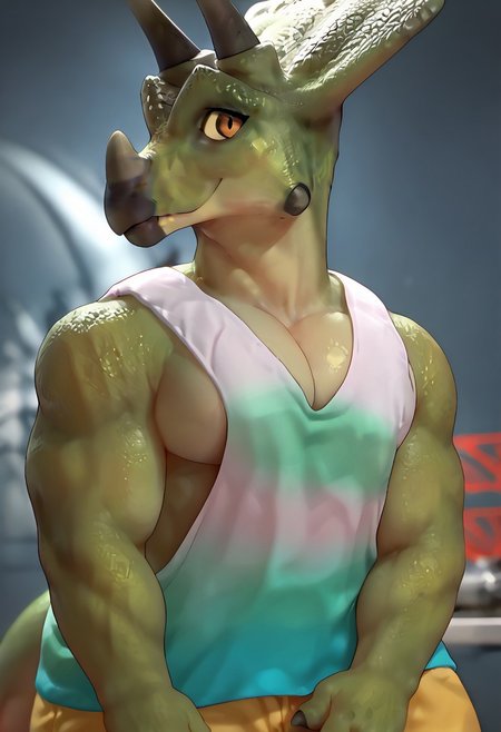 score_7_up, score_8_up, score_9, triceratops, dinosaur, green scales, horns, nose horn, tank top with gradient colors, big pecs, muscular, front view, smiling, face shot