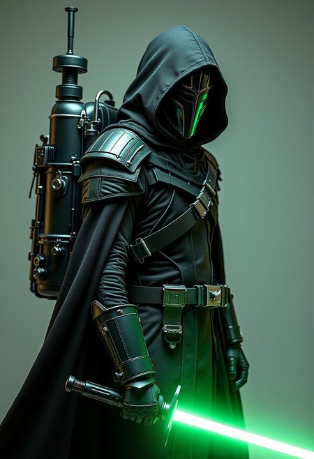 hooded cyber wizard, shoulder guard, green led gauntlet, utility belt, mechanical backpack, helmet, light saber