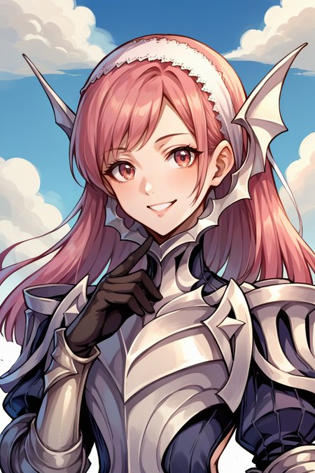 score_9, score_8_up, score_7_up, score_6_up, source_anime BREAK 1girl, solo,  <lora:fecherche-pdxl-nvwls-v1-000005:1> defcherche, pink hair, white hairband, headgear, armor, armored dress, gauntlets, black gloves, armored boots, upper body, smile, looking at you, blue sky, clouds