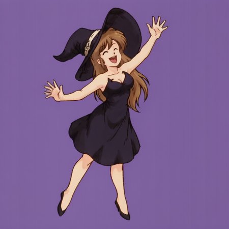 dancing, laughing, simple background,  <lora:Ranma_One_Half:1> <lora:Deneb_Rove_Ogre_Battle_-_Character_PonyXL:0.7> denebrove, witch hat, black dress,